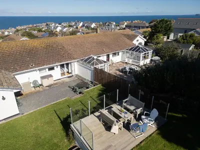 an aerial view of a house with a deck at Silvershell House in Port Isaac