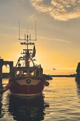 a boat in the water with a sunset in the background at Holiday Home Rosehip Cottage by Interhome in Pentewan