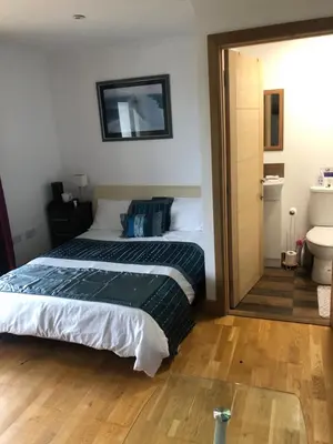 a bedroom with a bed and a mirror at Gannel View Apartment in Newquay