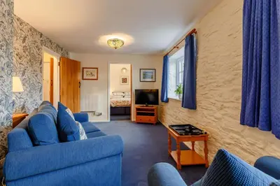 a living room with blue couches and a television at 1 Bed in Two Waters Foot oc-n27333 in Warleggan