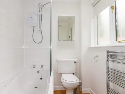 a white bathroom with a shower and a toilet at Acorns in Falmouth