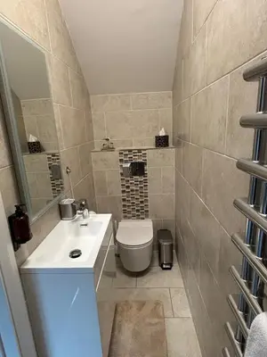 a bathroom with a toilet and a sink at Roughtor View in Camelford