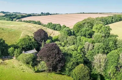 an aerial view of a farm with trees and a field at Cute Cornish Cottage in Saint Germans