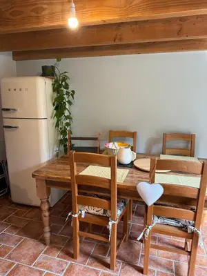 a kitchen with a wooden table with chairs and a refrigerator at Buddleia Cottage Trewoon, St Austell in St Austell