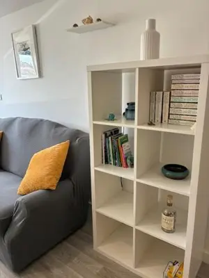 a living room with a couch and a book shelf at Park Rd in Redruth