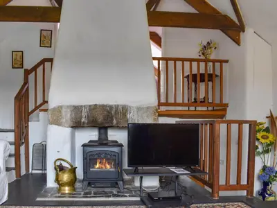 a living room with a television and a fireplace at Nutmeg's - Uk50373 in Camelford