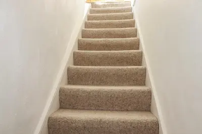 a stairway with a carpeted stair case at The Loft in Truro