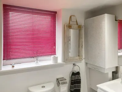 a bathroom with a toilet and a window with red blinds at The Loft - Uk50517 in Falmouth
