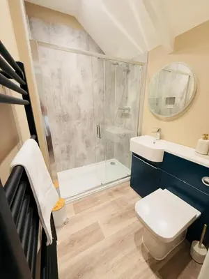a bathroom with a shower and a toilet and a sink at Rising Sun Inn - Rough Tor in Altarnun