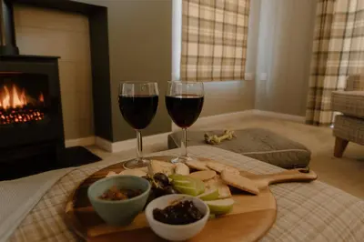 two glasses of red wine and a tray of food at Landal Clowance in Crowan