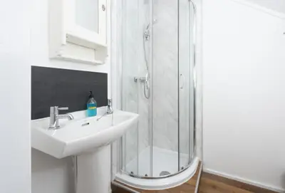 a bathroom with a sink and a shower at Little Tresevens in Polzeath