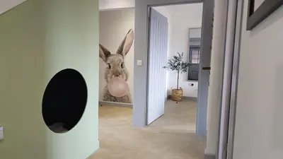 a hallway with a door with a rabbit on the wall at Landal Gwel an Mor in Portreath