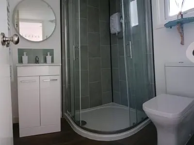 a bathroom with a shower and a toilet and a sink at Chy An Geddon in Penryn