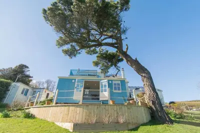 a blue house with a tree in front of it at Shepherd's Hut Gorran Haven Panoramic Ocean Views in Gorran Haven