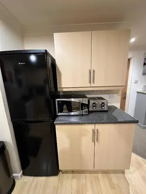 a kitchen with a black refrigerator and wooden cabinets at Dog Friendly Holiday Home in Newquay Cornwall in Newquay