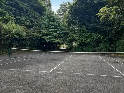a tennis net on a tennis court with trees at Kingfisher Cottage, 20 in Camelford