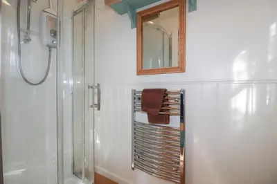 a bathroom with a shower and a mirror at Hilbre Shepherd Hut in Padstow