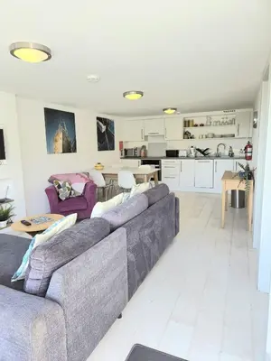 a living room with two couches and a kitchen at Millendreath Oean View Villa in Saint Martin