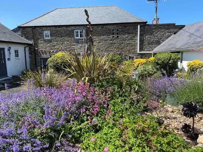 a garden with purple flowers in front of a house at Buntings Cottage at Trenale Court Cottages in Tintagel