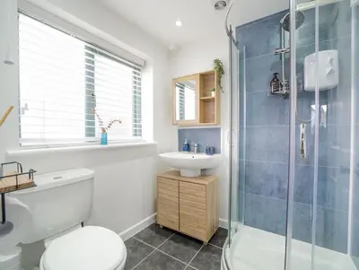 a bathroom with a toilet and a sink and a shower at Bramble Cottage in Saint Columb Minor