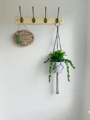 a plant in a pot hanging on a wall at Hideaway Cottage in Polperro