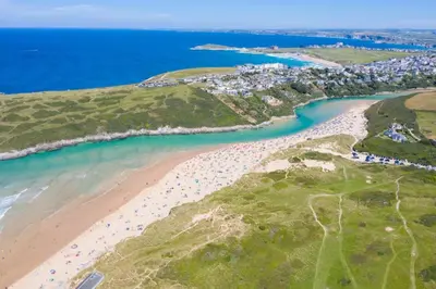 an aerial view of a beach and the ocean at 2 Bed in Trevarrian oc-c33855 in Mawgan Porth