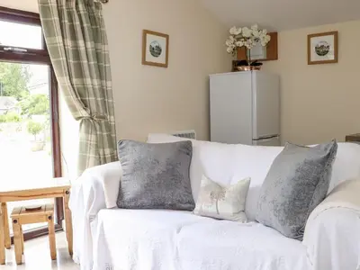 a white couch with pillows in a living room at Lannlyvri Lodge in Bodmin