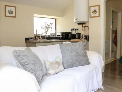 a white couch with pillows on it in a kitchen at Lannlyvri Lodge in Bodmin