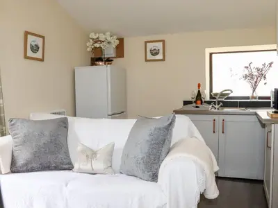 a living room with a white couch with pillows at Lannlyvri Lodge in Bodmin