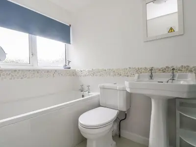a white bathroom with a toilet and a sink at Driftwood Cottage in St Austell