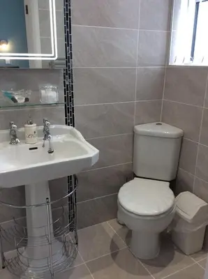a bathroom with a toilet and a sink at Chy an Gwedhen in St Ives