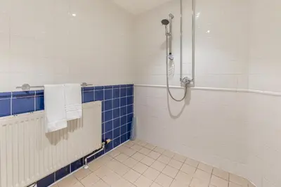 a bathroom with a shower with blue and white tiles at 3 Bed in Torpoint oc-l32511 in Downderry