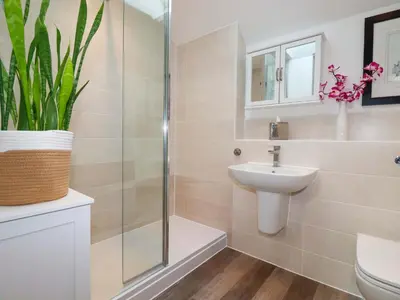 a bathroom with a shower and a sink and a toilet at 33 Fordh Tobmen in St. Agnes