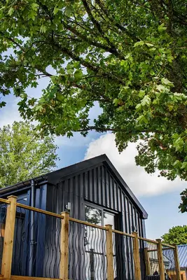 a black cabin with a window in a tree at Lowenna at Cusgarne Manor, rural, accessible in Cusgarne