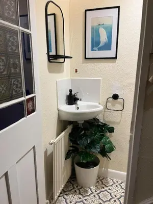 a bathroom with a sink and a potted plant at Entire house by East Looe beach in Looe