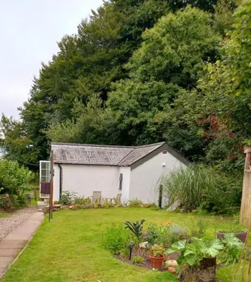 a small white building in a yard with trees at The Haven in Trewen