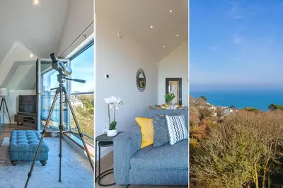 two images of a living room with a view of the ocean at Sea Vista in Carbis Bay