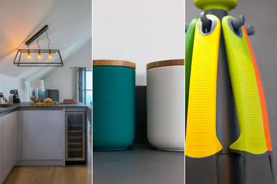 two pictures of a kitchen with two large vases at Sea Vista in Carbis Bay