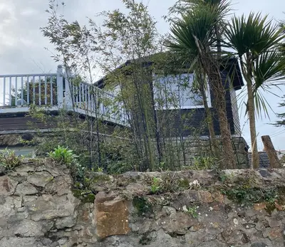 a house on top of a stone wall with palm trees at The Hexagon House in Penzance