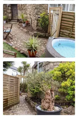two pictures of a garden with a pool and a fence at The Hexagon House in Penzance