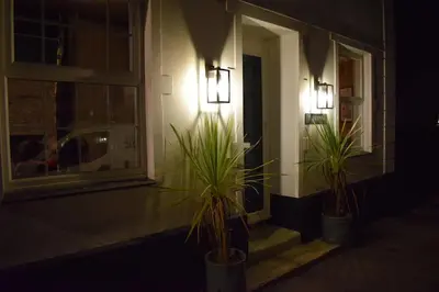 two potted plants in front of a window at night at Trewenna in Tregoney