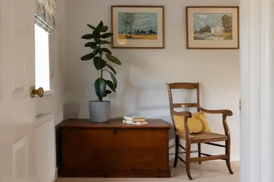 a plant sitting on a table next to a chair at Easy Oars - Flushing, Falmouth in Flushing