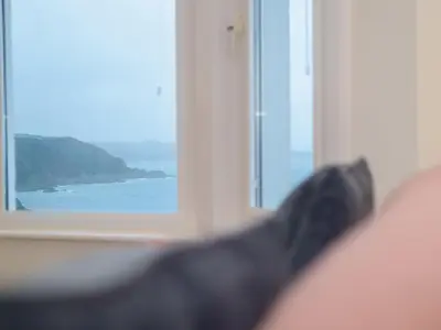 a cat sitting on a couch looking out of a window at Apartment No-4 Ocean Heights by Interhome in Mevagissey