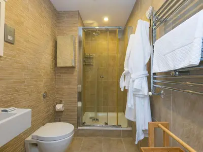 a bathroom with a shower and a toilet and a sink at Mid Air in St Ives