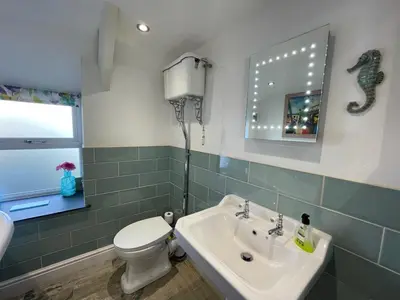 a bathroom with a sink and a toilet and a mirror at Sandown 4 bedroom house St Teath in Saint Teath