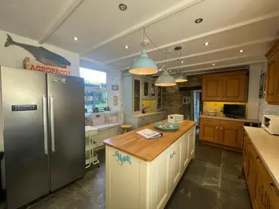 a kitchen with a refrigerator and a counter top at Sandown St Teath 3 bed sleeps 6 in Saint Teath