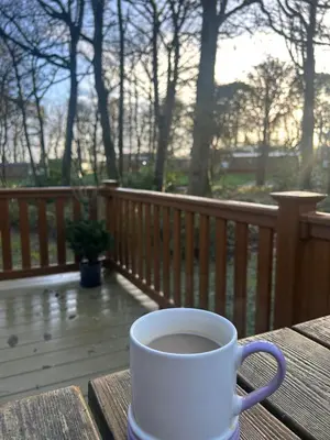 a cup of coffee sitting on a table on a porch at Cabin in the Woods in Saint Erth