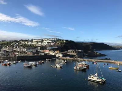 a group of boats docked in a harbor with houses at Orchard View in St Austell