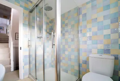 a bathroom with a shower and a toilet at Hardys in Padstow
