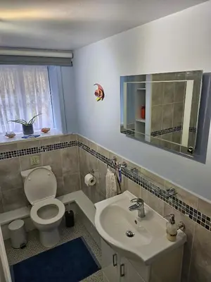 a bathroom with a toilet and a sink at Seahorse Cottage in Boscastle